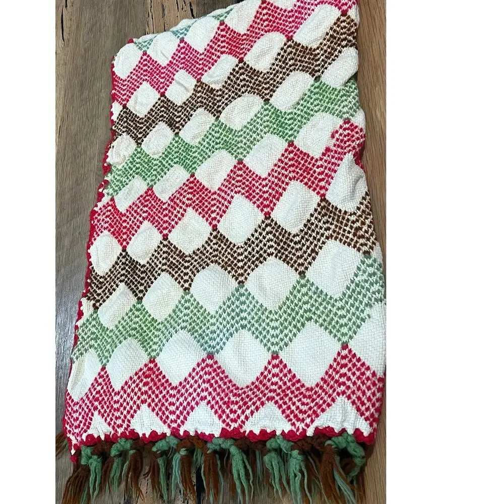 Vintage Handwoven Blanket Geometric Folk Art Pattern Fringed Border